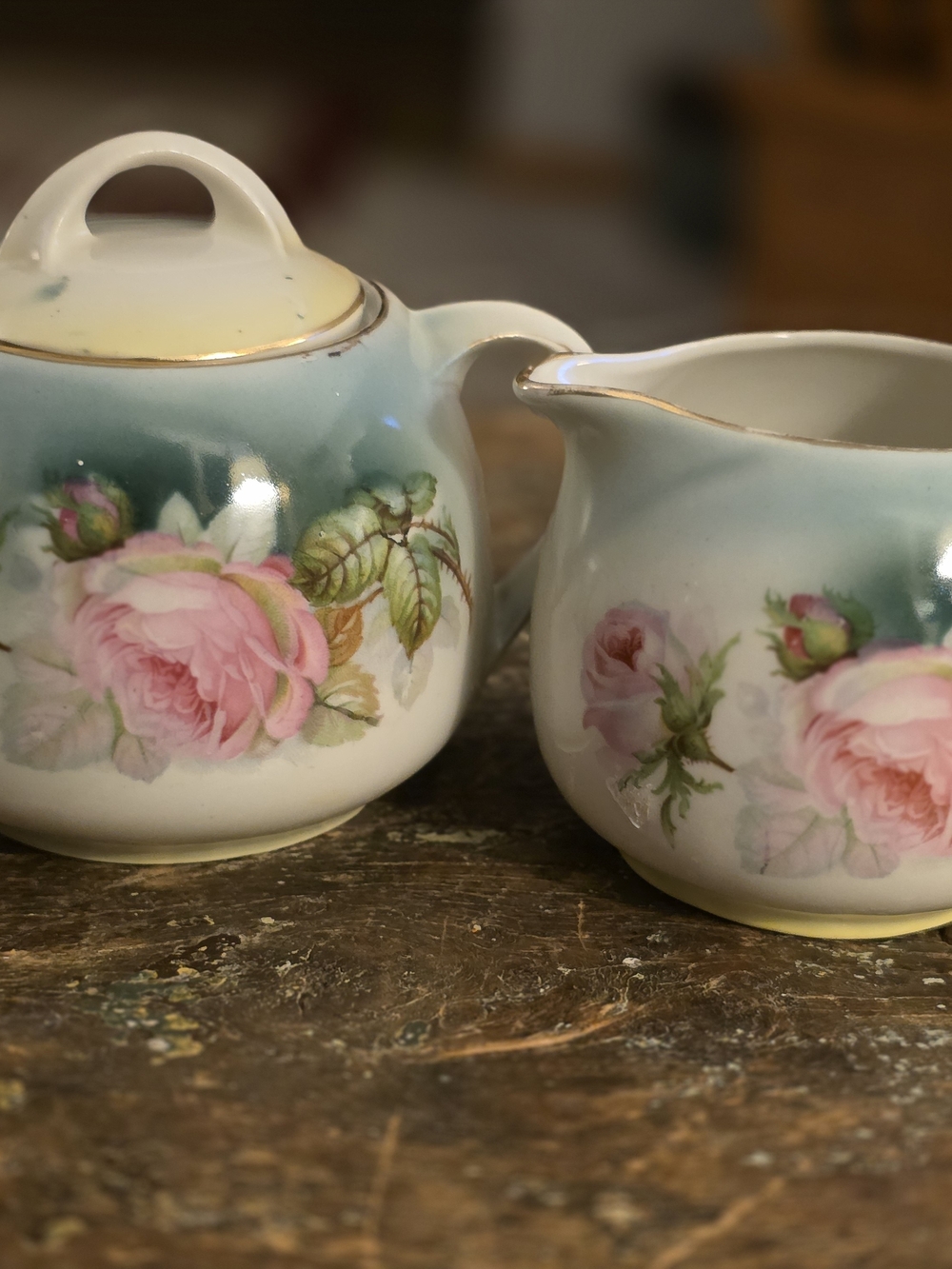 Porcelain Rose Floral Creamer and Sugar Set in Pale Blue and Pink